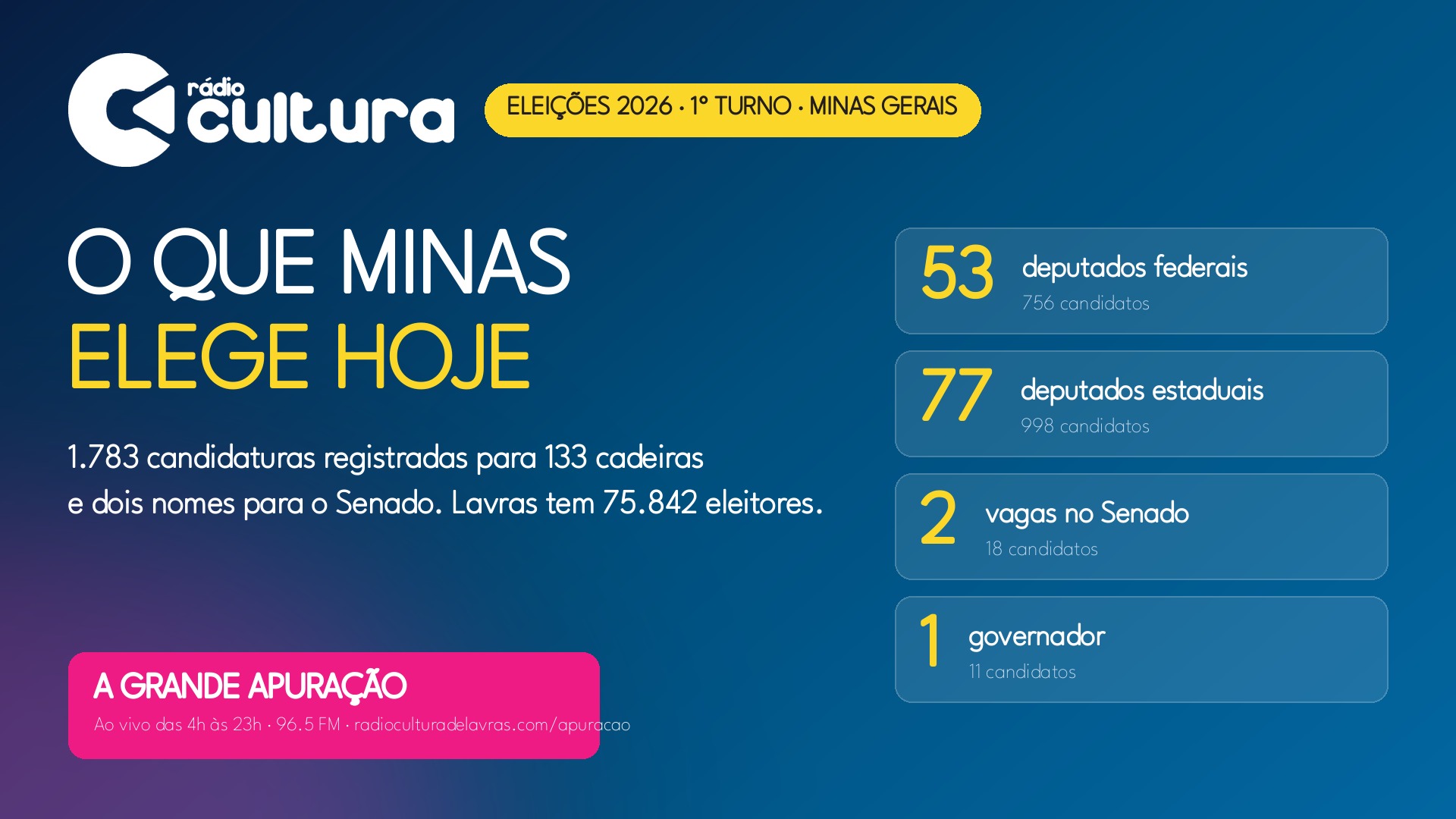 O que Minas elege hoje: 53 deputados federais, 77 estaduais, dois senadores e o governador