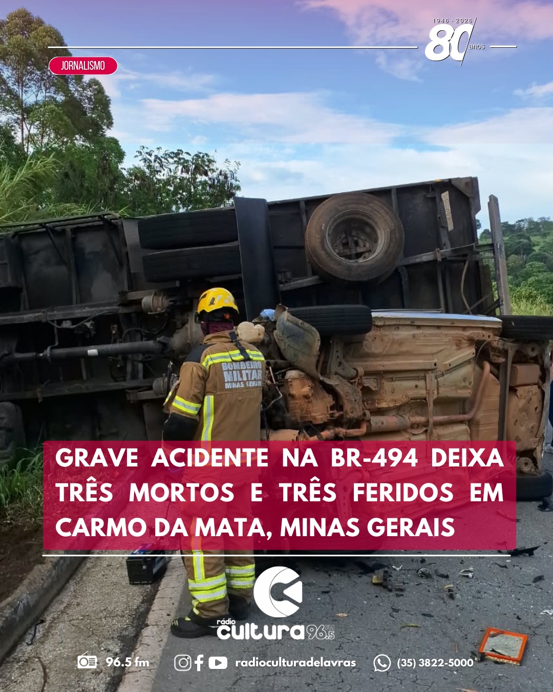 Acidente entre caminhão e carro mata três pessoas na BR-494, em Carmo da Mata