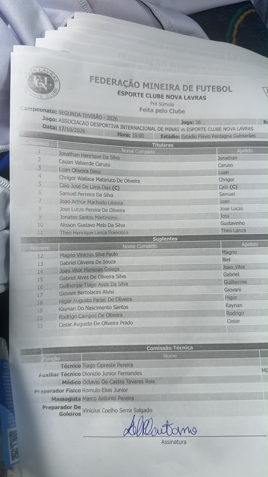 Nova Lavras divulga escalação para a decisão contra o Inter de Minas, às 15h