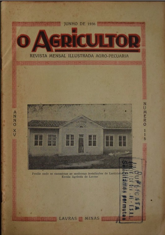 A capa da revista O Agricultor de junho de 1936, com o prédio do laticínio da Escola Agrícola de Lavras